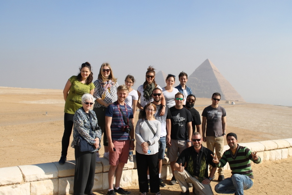 My tour group in front of the Pyramids of Giza.